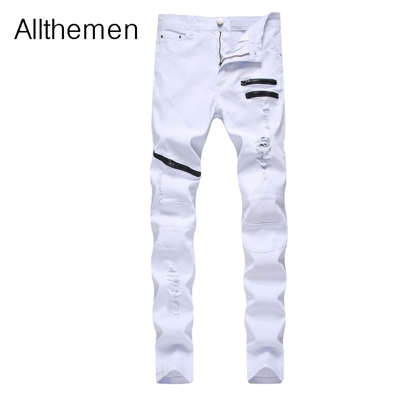 

Allthemen Men jeans Skinny Casual Slim Fit Stretch Hip Hop Pant Straight Pencil Jeans Men Denim Ripped Trousers Masculine, As shown