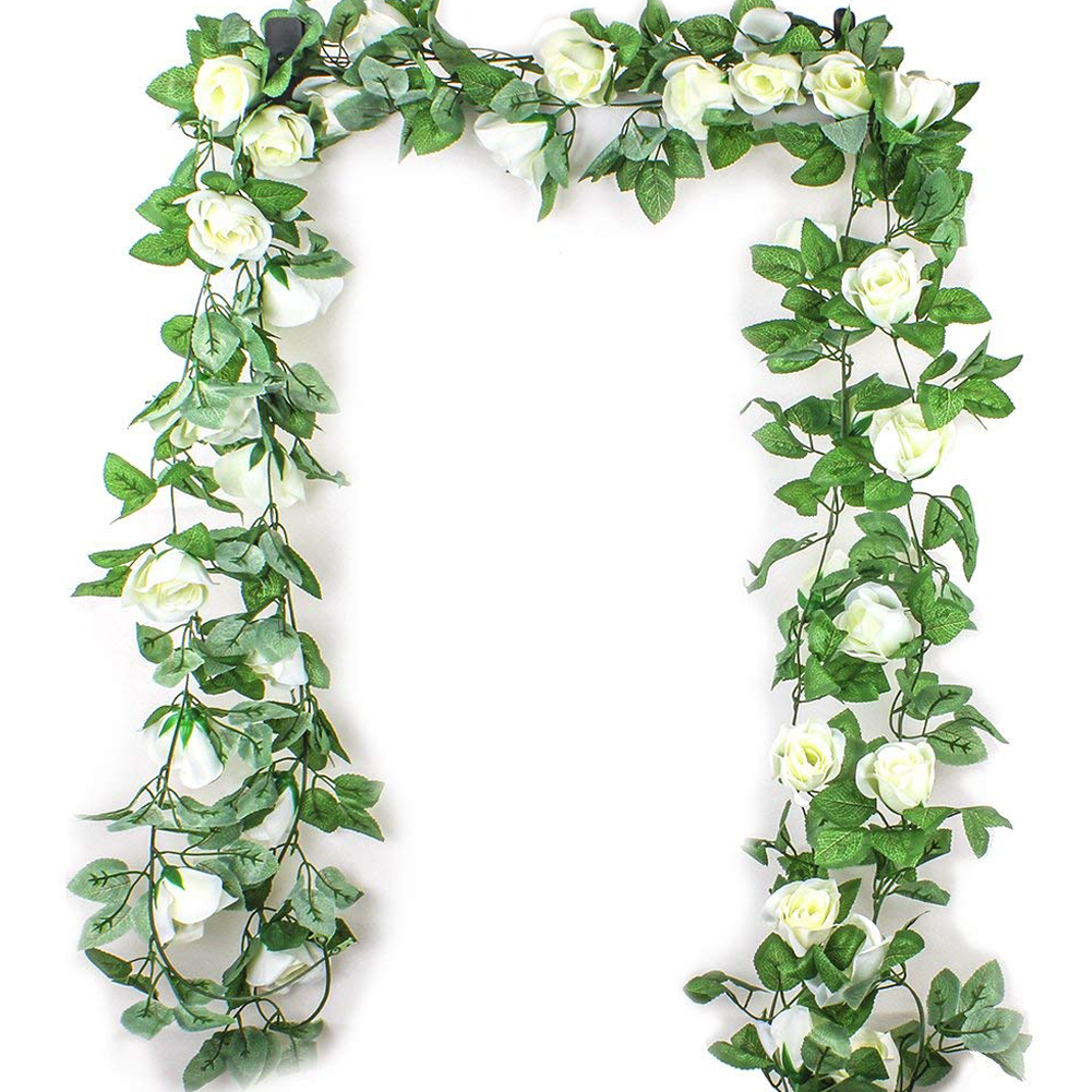 

2.5M Simulation Rose Flower Rattan Artificial Flower Vine Silk Wisteria Garland Hanging Rattan For Wedding Arch Garden Wall Deco, White and green