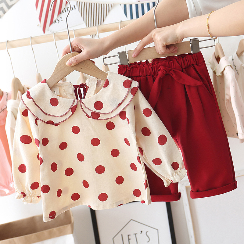 

Baby Girls Casual Suit New Dotted GIRL'S Shirt+Loose Pants Children Spring Autumn Two-Piece Set Kids, Blue