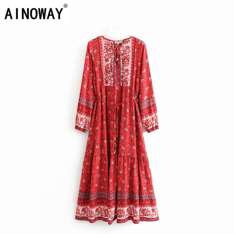 

Vintage chic women elegant lace-up tassel floral print beach Bohemian Maxi dress Ladies rayon Boho dress vestidos, Red