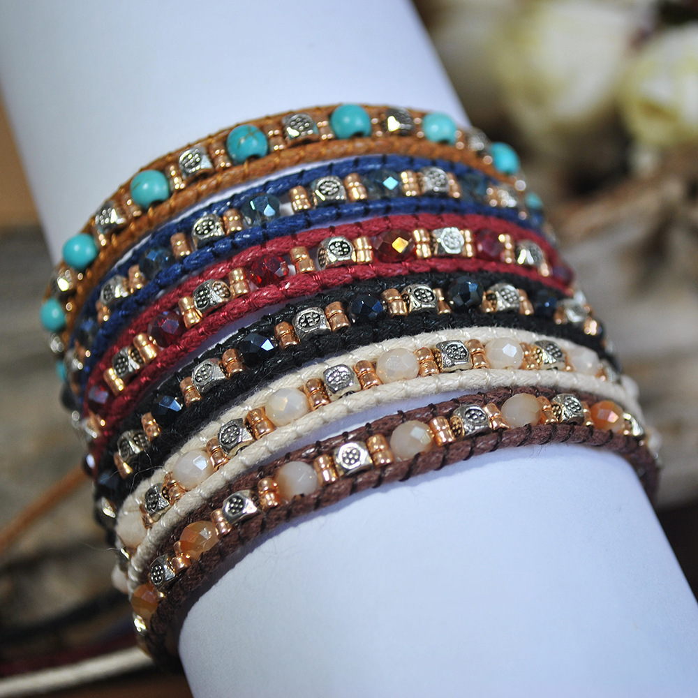 

Colorful narrow round double woven rope bracelet exotic silver hand beaded jewelry