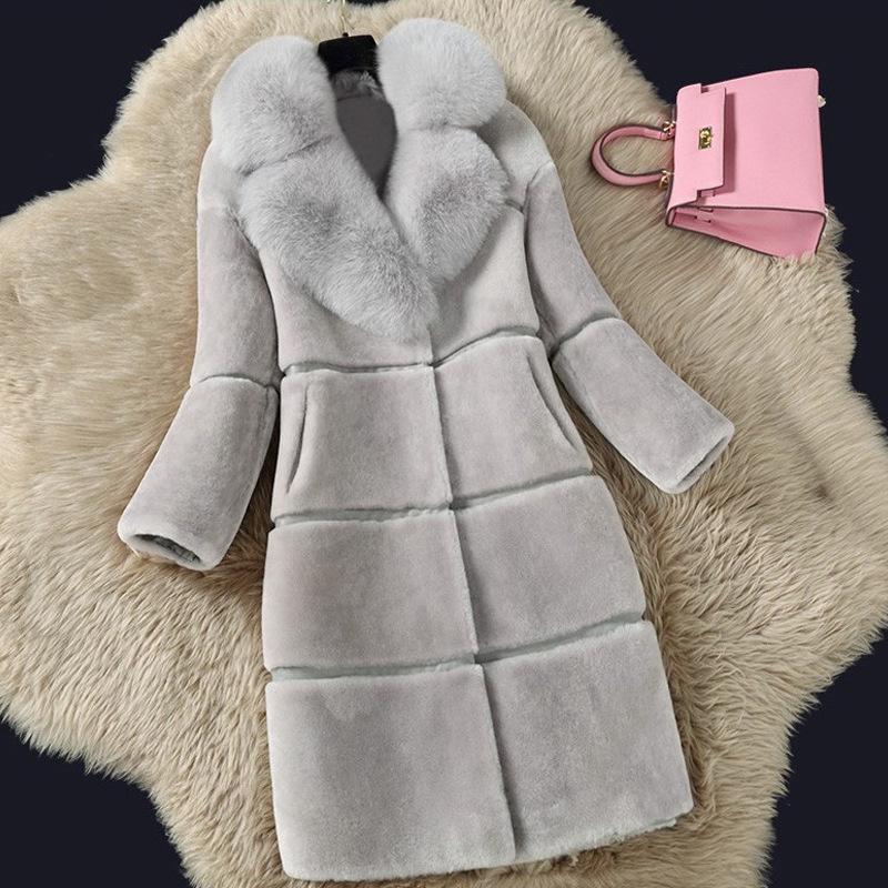 

Sheep shearing cashmere coats autumn winter long wool overcoat of the imitation fox fur collar coat fur woman coat plus size, Dark grey