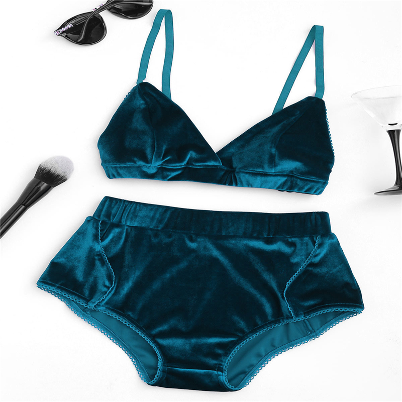 

Brief Sets Sexy Women Girl Two Layers Underwear High Waist Blue Red Pink Color Velvet Set Lingerie Set, As the picture shows