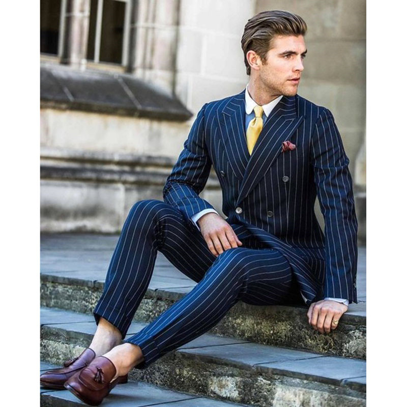 

Custom Made Men Suits Navy Blue Stripe Business Suits For Men Slim Fit Striped 2-piece Tailored With Pants For Wedding, Picture color1