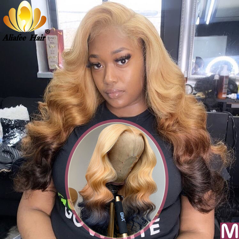 

Aliafee Hair 150% Body Wave Long Blonde Wig Human Hair Wig Peruvian Remy 13x4 Lace Front Color Ombre Wigs For Women, Color 613