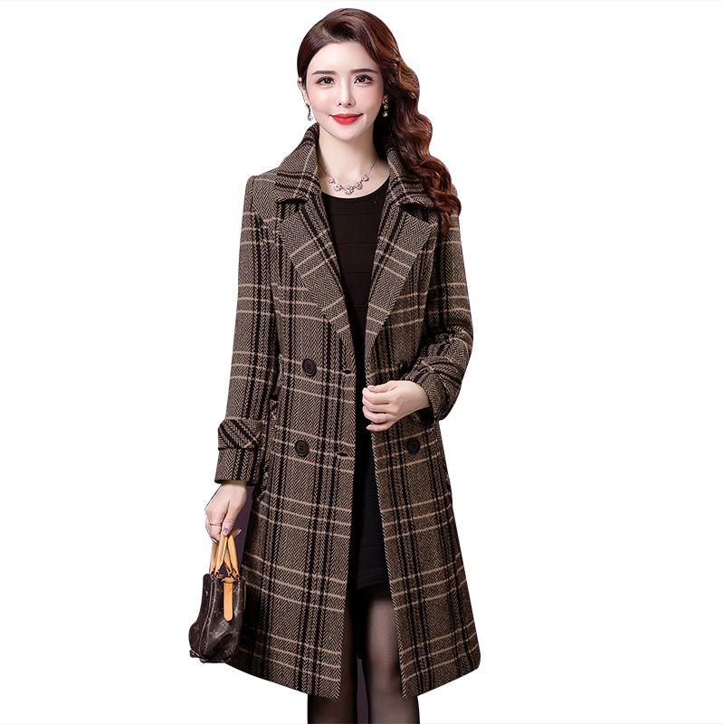 

High Quality Plaid Woolen Coat Women Autumn Winter Fashion Double Breasted Long Wool Coat Ladies Temperament Thick Warm Overcoat, Khakig