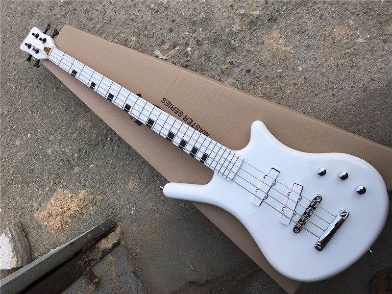 

Special Customized White Neck-thru-body Electric Bass Guitar with Fixed Bridge,White Pickups,Black Tuners,Can be customized