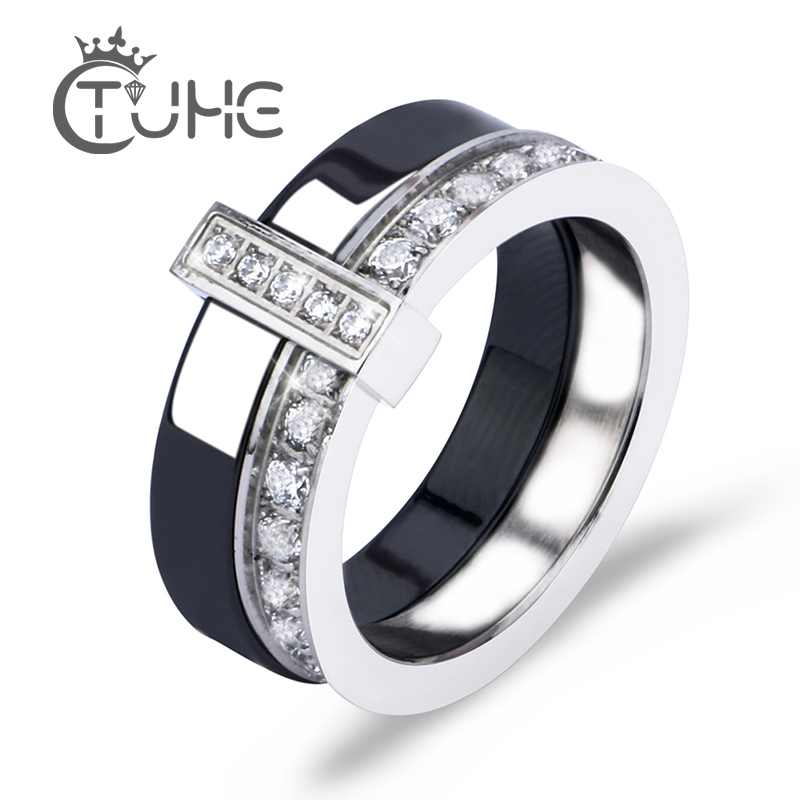 

Black White Ceramic Ring With One Row Australia Zircon Two Layers Stainless Steel Silver Thin Engagement Rings For Women Jewelry