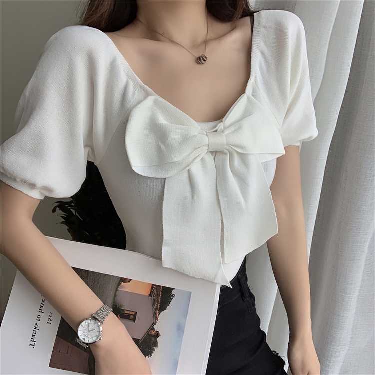 

8 Colors New Summer Women Harajuku Solid Sweet Bow Knitted Short T-shirts Female Sexy Slash Neck Short Sleeve Crop Tops Tees, Black
