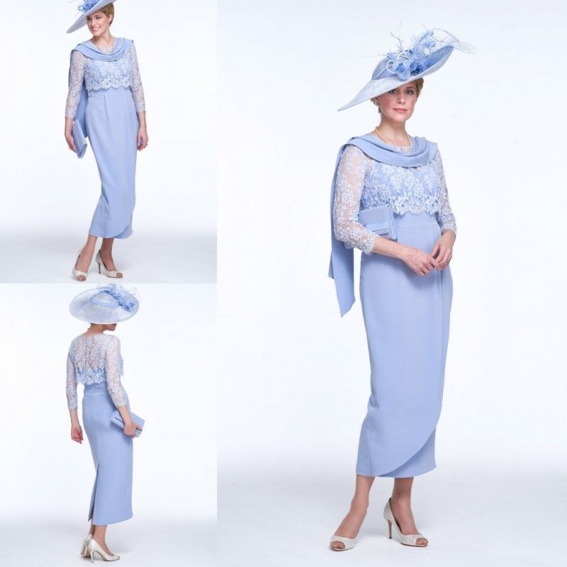 

Light Blue Mother of the Bride Dresses Applique Chiffon Elegant Evening Gowns Long Sleeves Plus Size Wedding Guest Dress