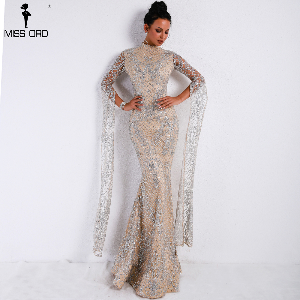 Missord 2020 Women Sexy High Neck Long Sleeve Split Glitter Dress Female Maxi Elegant Party Dress FT9283 MX200508