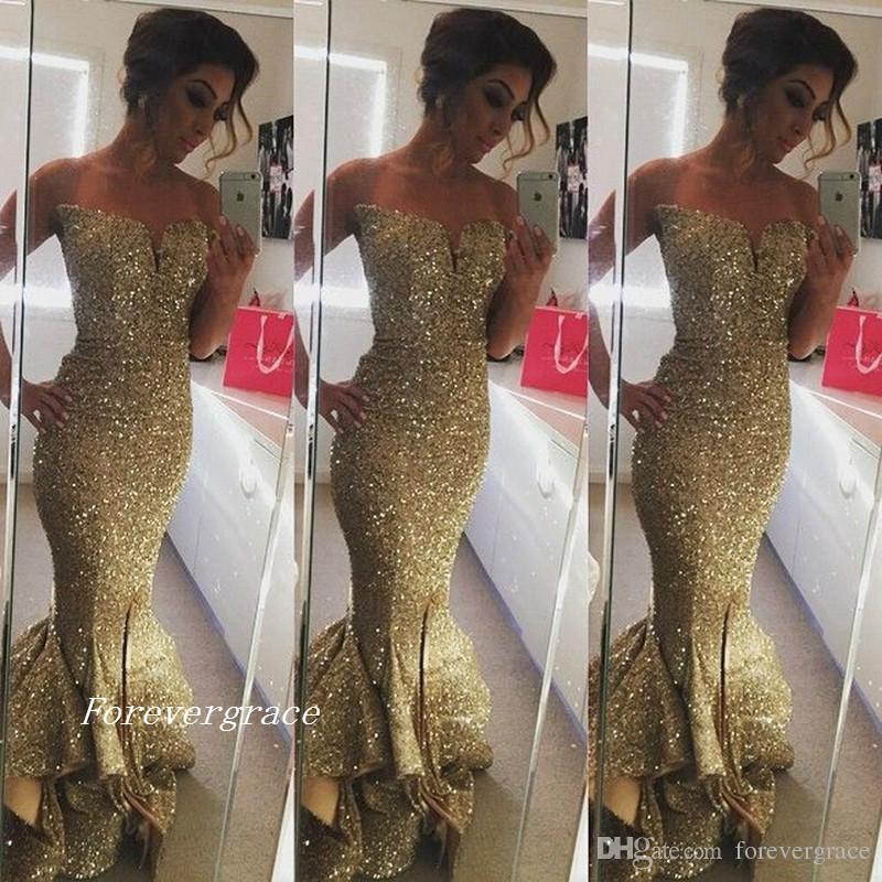 

2019 Fashion Gold Sequins Mermaid Evening Dress New Arrival Sleeveless Formal Gown Plus Size Custom Made, Hunter green