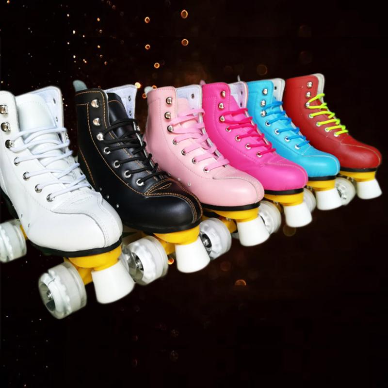 

JK Geneniu Leather Roller Skates Double Line Skates 6 Colors Women Lady Adult White PU 4 Wheels Two Line Skating Shoes Patines, Red