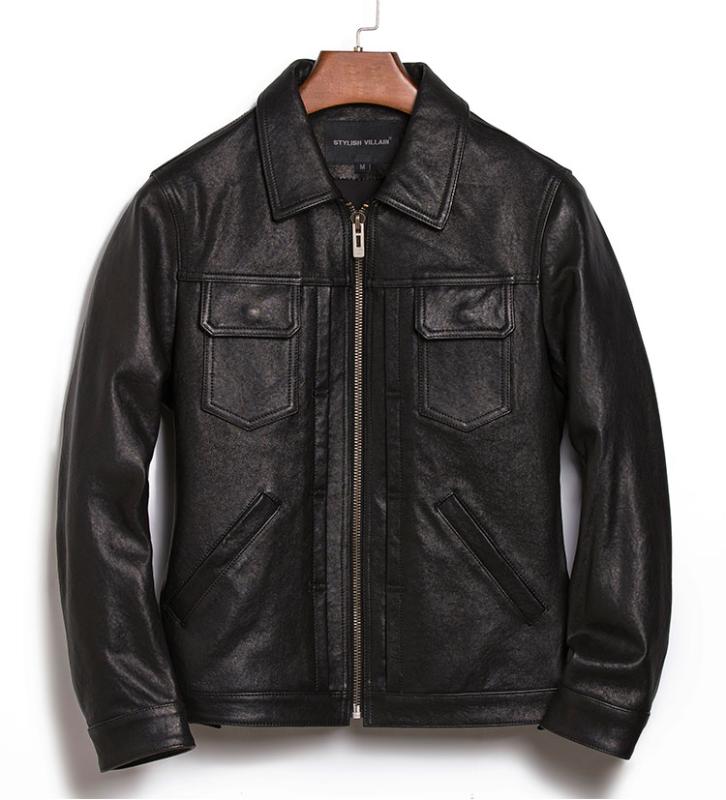 

youth style Fashion men's Genuine Sheep skin Leather jacket Slim fit lapel short coat winter autumn clothing, Black