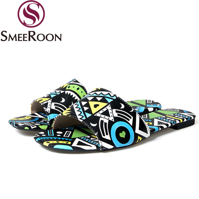 

Smeeroon 2020 Large size 33-44 fashion women slippers comfortable pu leather ladies shoes flat heel square toe mules shoes, Black