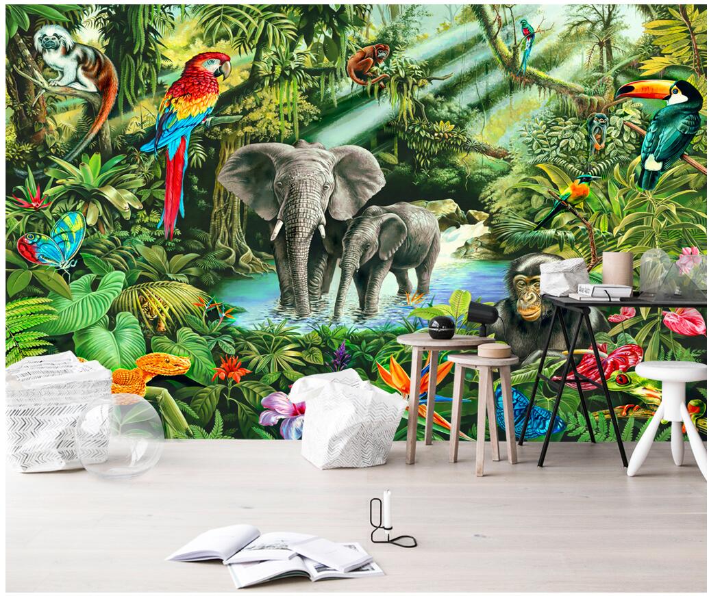 

WDBH custom photo 3d wall paper Monkey elephant toucan children's room rainforest animal home decor 3d wall murals wallpaper for walls 3 d, Non-woven wallpaper