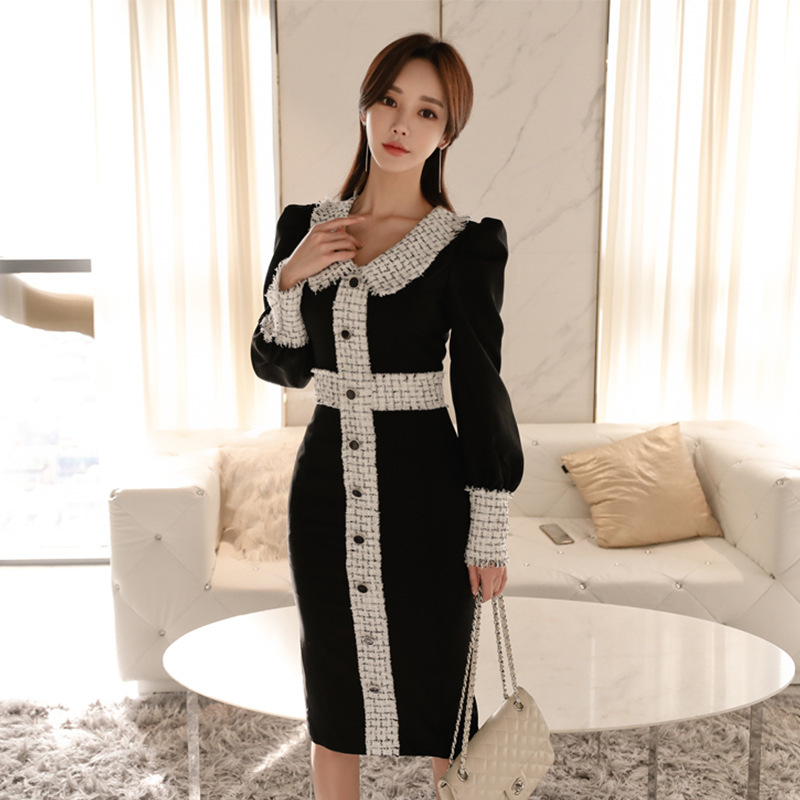 

2019 Autumn Clothing Model Long Sleeve Single Buckle Long Dress, Black