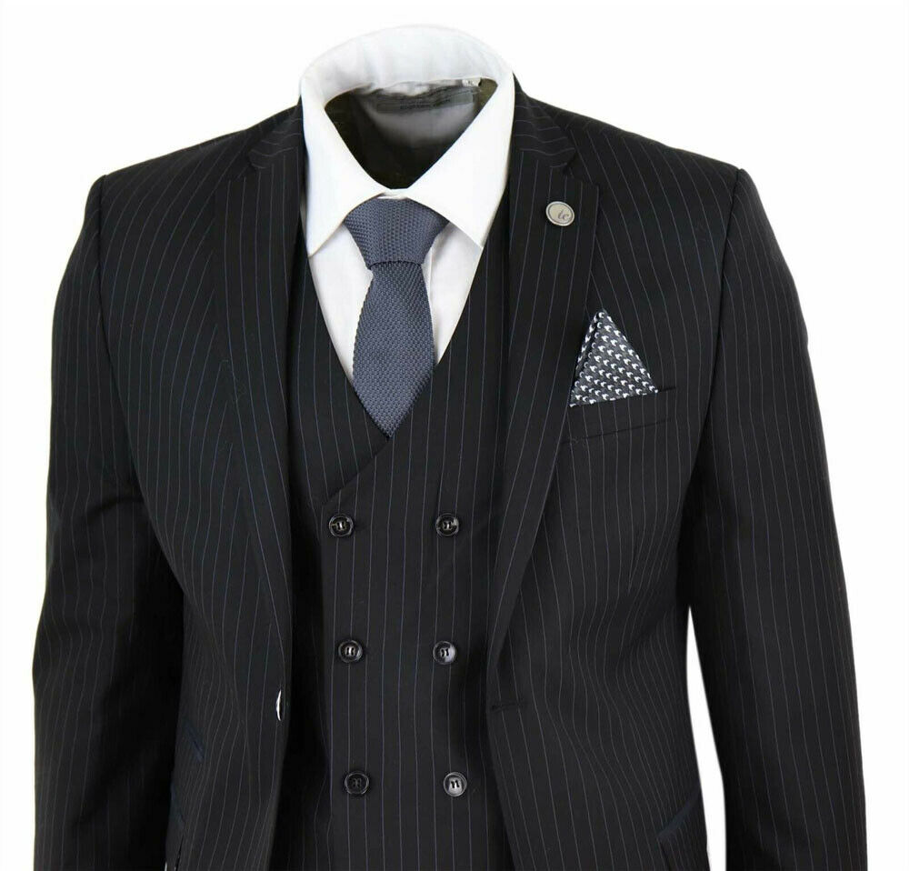 

Mens 3 Piece Suit Gatsby 1920s Peaky Blinders Gangster Pinstripe Tailored Fit Tuxedos Prom Suit (Jacket+Pants+Vest), Navy