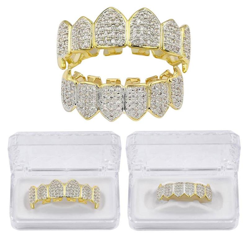 

Hip Hop Fang Top & Bottom Teeth Grillz Set for Men Gold Silver Color Micro Pave Cubic Zirconia Bling Iced Out Rapper Jewelry