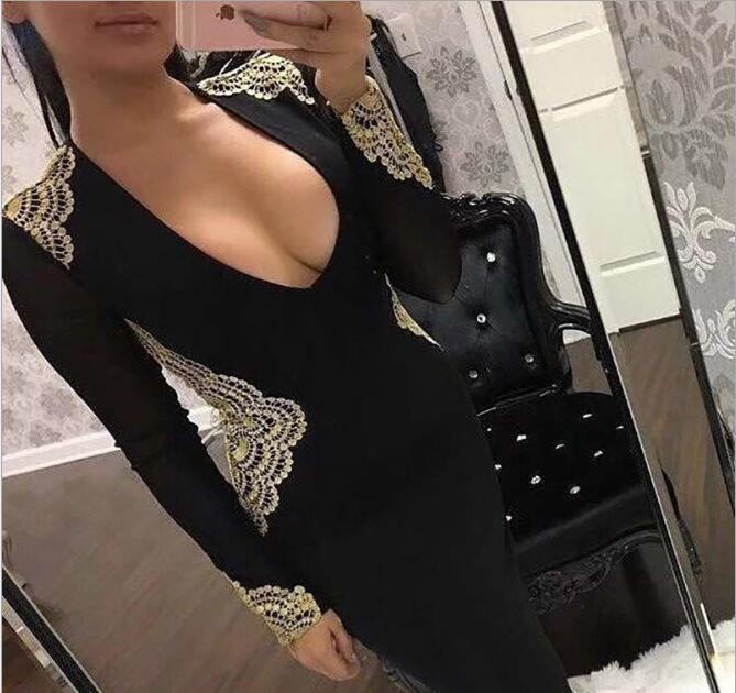 

Top quality full black red sexy low bosom evening party dress embroidery knee-length v-Neck bandage dresses wholesale