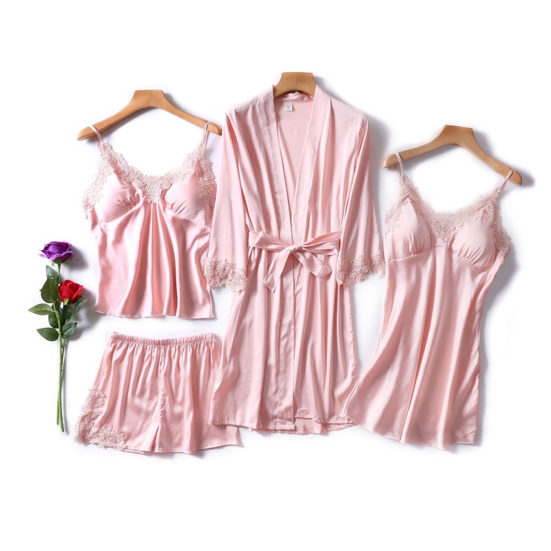 

Spring and summer Plus Size 2XL 2020 Women Pajamas Sets Imitation Silk Sleepwear Silk 4 Pieces Strap Lace Sleep Lounge Pijama, Silver gray