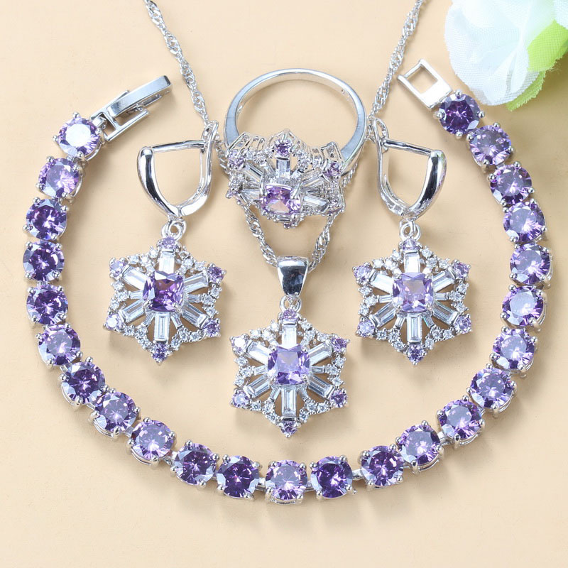 

Wonderful Bridal Jewelry 925 Sterling Silver With Natural Purple Crystal Women Wedding Big Flower Jewelry Sets, As pic