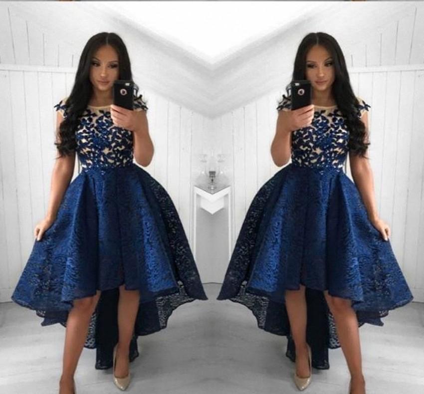 

Navy Blue Bridesmaid Dresses High Low Lace Formal Club Party Wear Homecoming Dresses Plus Size Custom Made Prom Party Gowns B25
