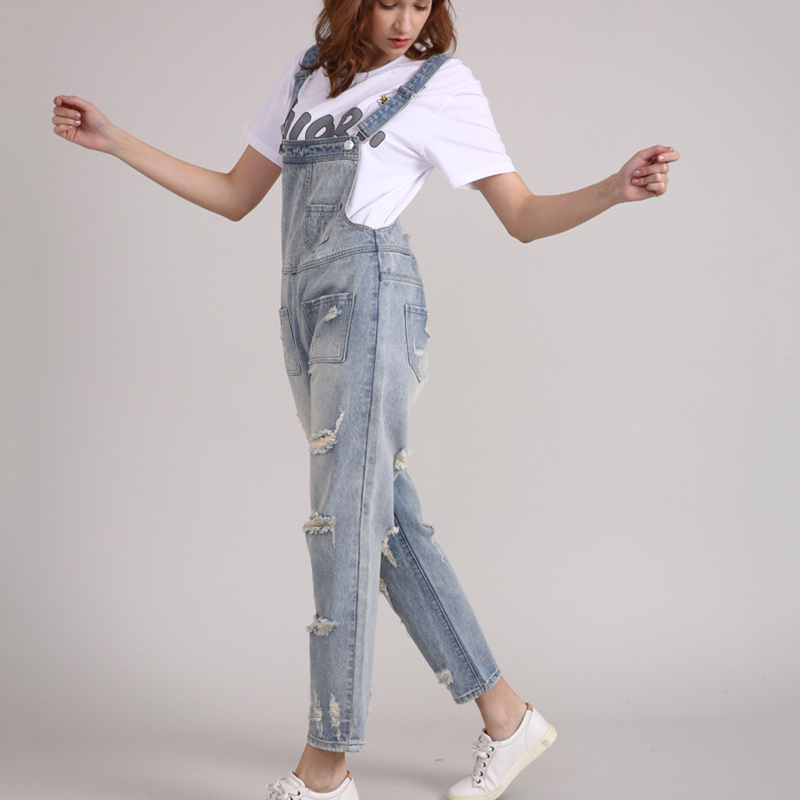 

Broken hole nine points large size suspenders jumpsuit fatty mm denim overalls female loose Korean version thin jeans, Light blue