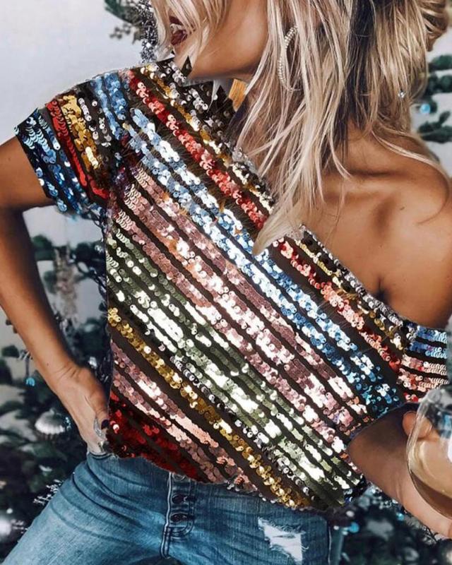 

2020 Women Elegant Casual Shirt Female Party Top Glitter Skew Neck Striped Sequins Blouse, Multi