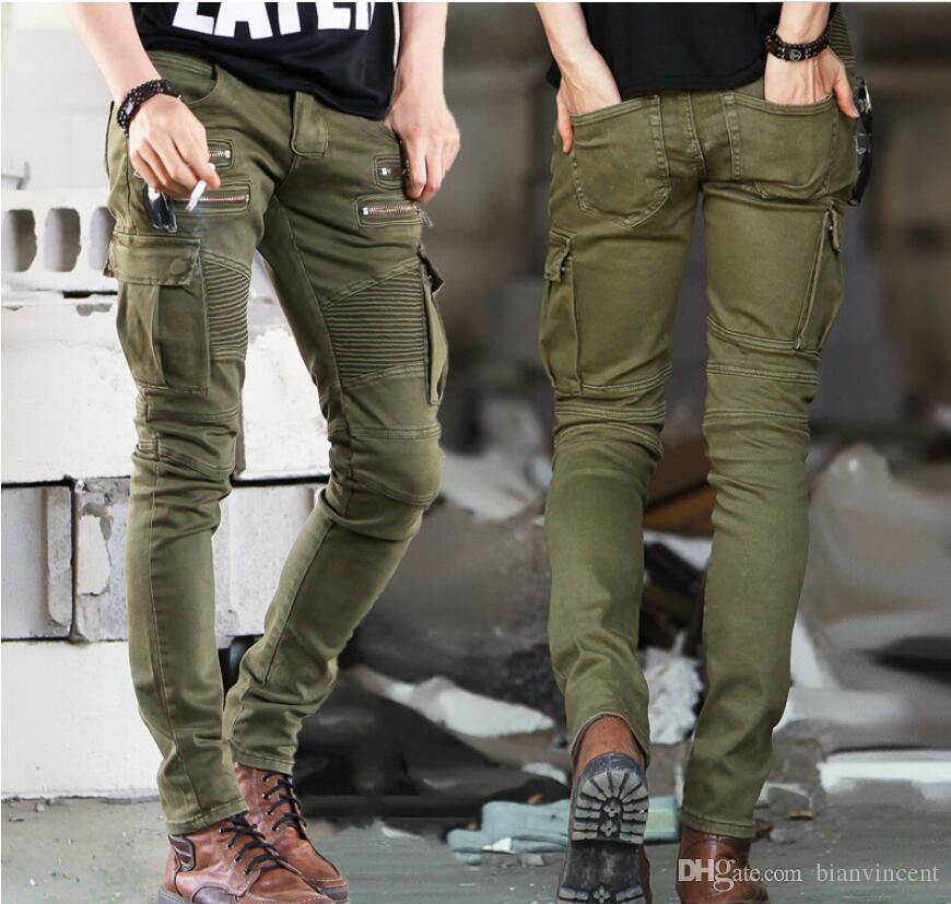 Hi-Q high quality summer Motorcycle stretch pleated zipper Mens Clothing tops Jeans Slim Fit styles Fashion Hip hop Designer Leather Causal