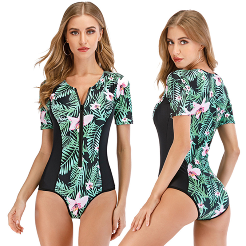 

bunvel New Surfing Swimsuit Sexy One Piece Swim Suits Floral Leaf Printed Women Rashguard Short Sleeve Swimwear Rash Guard