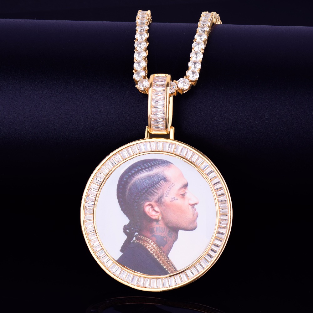 

Custom Photo Medallions Round Necklace Photo Frame Pendant With Diamond Tennis Chain Gold Ice Out Rock Street Men's Hip hop Jewelry