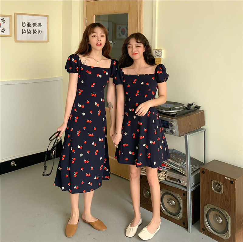 

COIGARSAM 4XL Big Size Vintage Women dress Summer Square Collar Dresses Brief Navy Long 6896, Navy brief