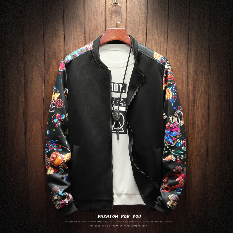 

2019 Floral Fashion Fall Winter Pilot Jacket Men's Patchwork Flowers Long Sleeve Zip Jacket Men's Bomber, Nrvy