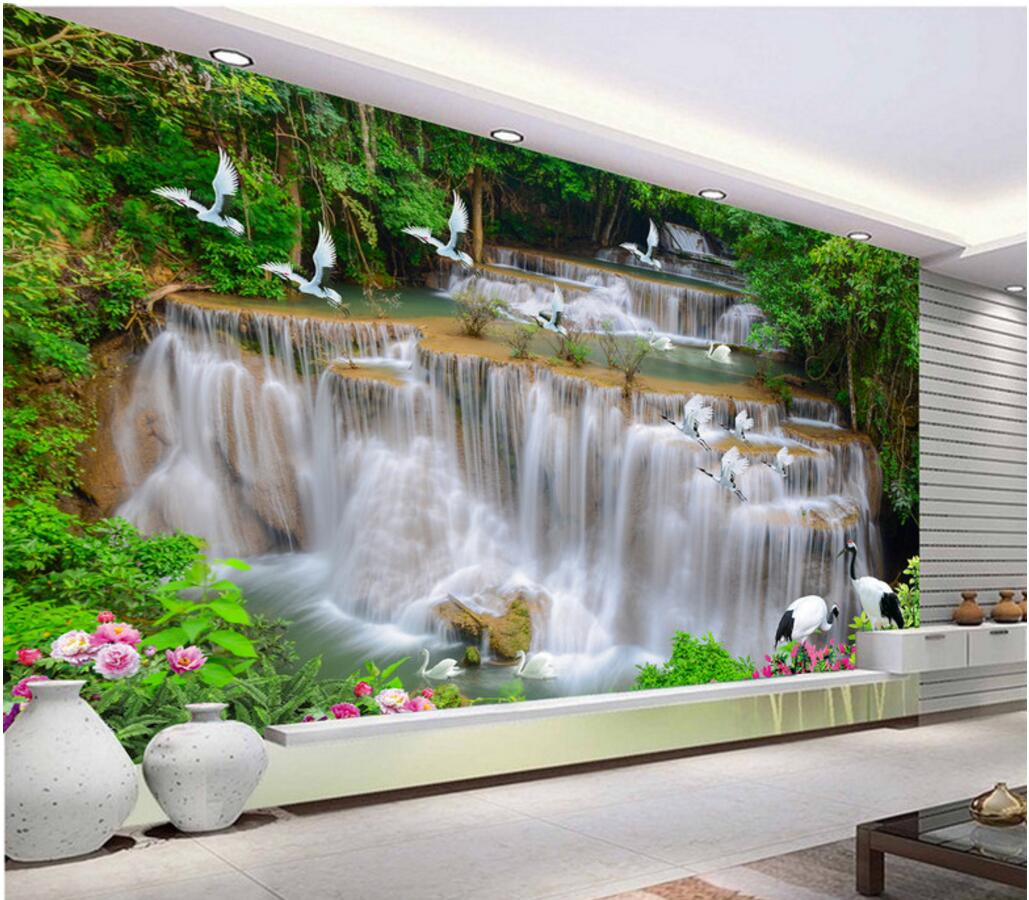 

WDBHG custom photo mural 3d wallpaper Waterfall river forest white crane background 3d wall murals wallpaper for walls 3 d for living room, Non-woven wallpaper