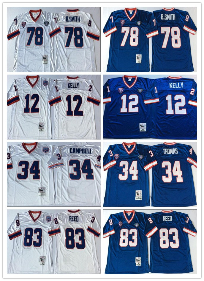 

Vintage 1994 35th Jersey Mens #12 Jim Kelly 34 Thurman Thomas 78 Bruce Smith 83 Andre Reed Football Jersey NCAA, As