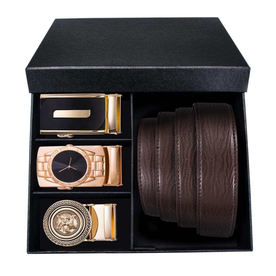 

Barry.Wang Fashion Designers Men Belt 110-130cm Cowhide Leather Brown Strap 3PCS Automatic Buckle Belt For Men Gift Box Set GB-2, Black