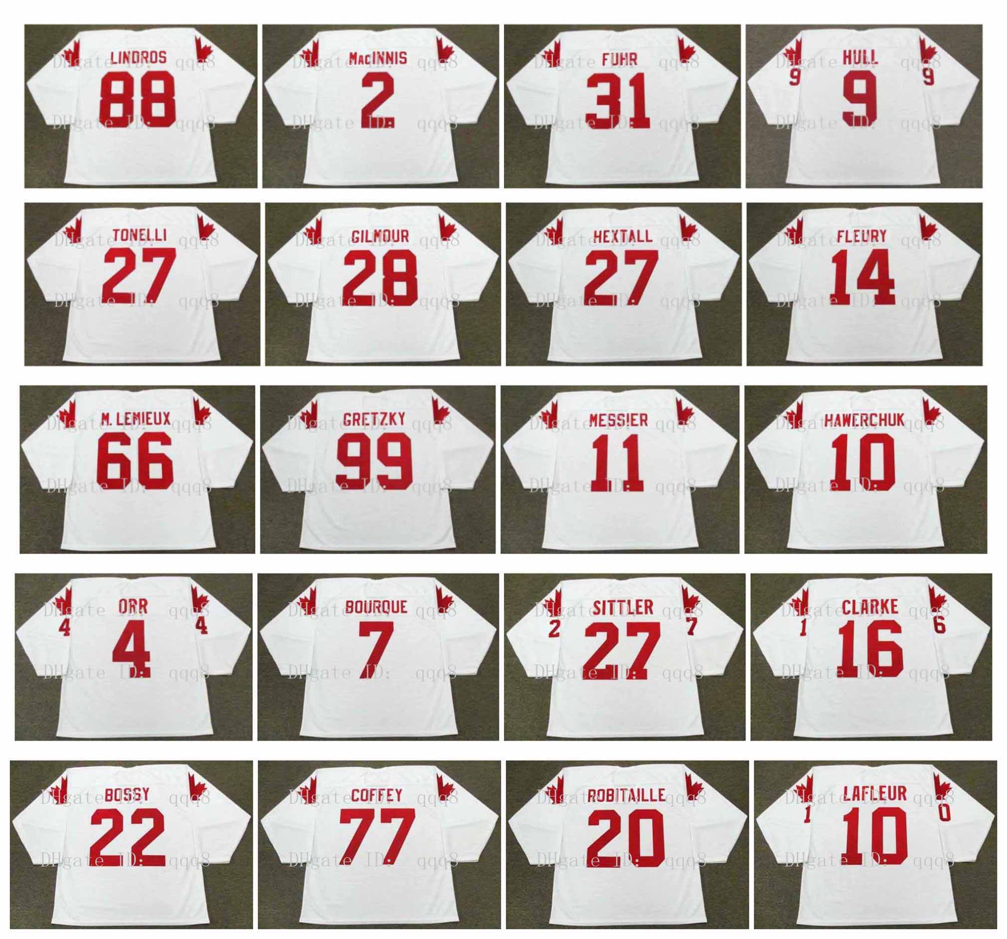 

Vintage Team Canada Jersey 11 MARK MESSIER 66 Lemieux 99 Wayne Gretzky 10 DALE HAWERCHUK 4 BOBBY ORR 7 RAYMOND BOURQUE 27 DARRYL SITTLER 1976 1987 1984 1991 Hockey, As pic