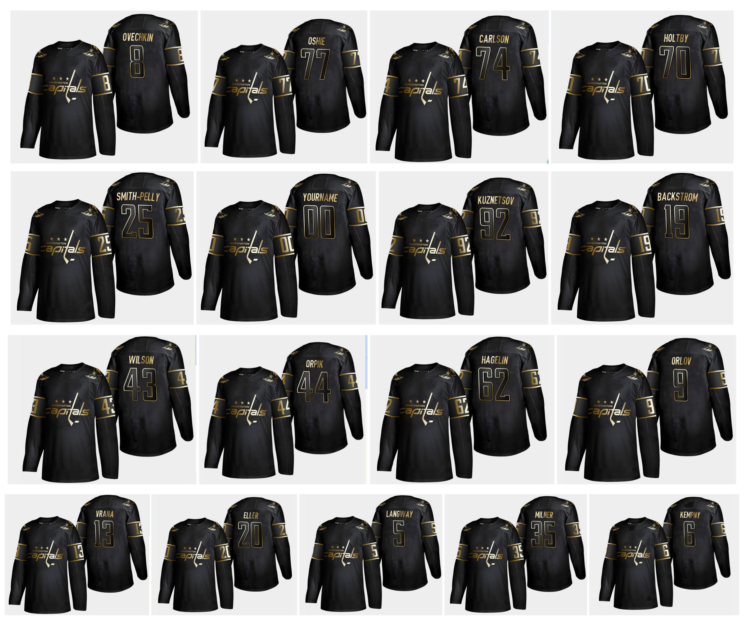 

Golden Edition Washington Capitals Jersey 8 Alexander Ovechkin 19 Backstrom 43 Tom Wilson 70 Holtby 77 T. J. Oshie Jakub Vrana Black Hockey, As pic