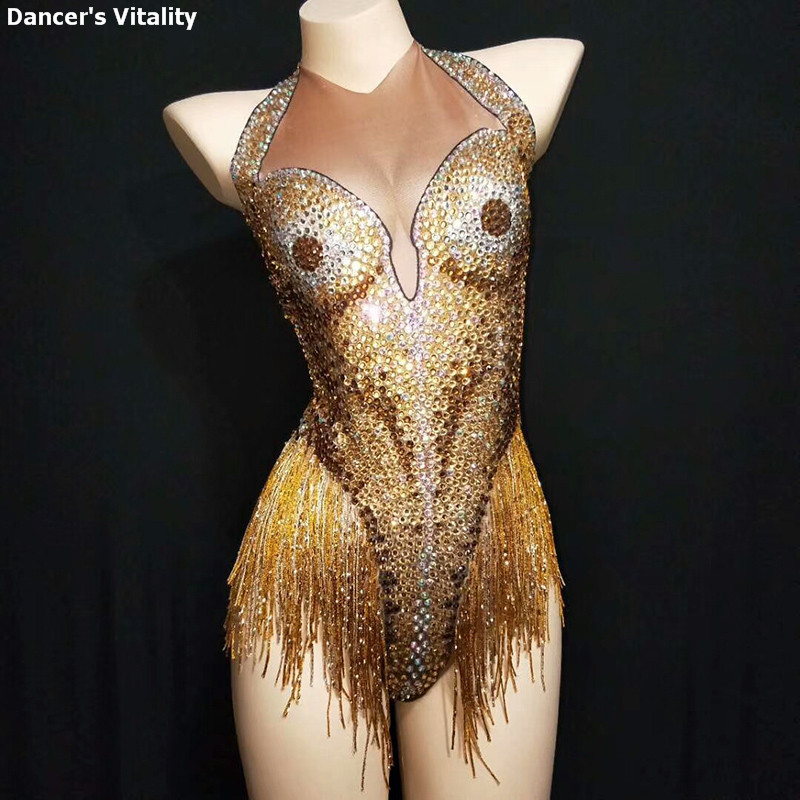 

Rhinestone Tassel Stretch Female Song Catwalk Show Dj Ds Jumpsuit Dance Latin Fake Meat piece Dance stage performance Sexy Dress, Gold high elasticity