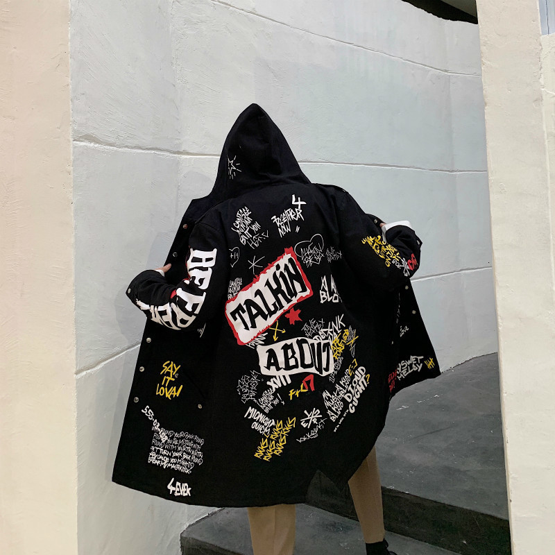 

2020 autumn and winter new hip hop personality printing long windbreaker men's jacket loose clothing coat Japan Style Black