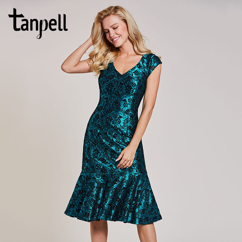 

Tanpell beaded mermaid cocktail dress dark green cap sleeves length gown women lace v neck homecoming short cocktail dresses, Red