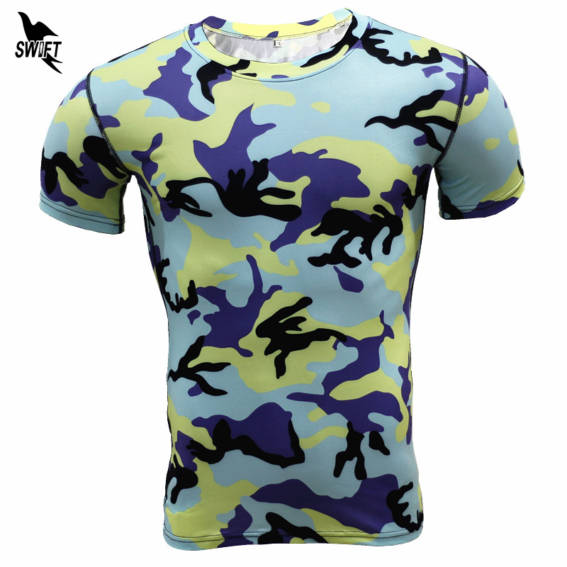 

2020 Quick Dry Running Top Tees Men Camouflage T-Shirt Compression Stretch Shirts Bodybuilding GYM Fitness Short Sleeve T Shirt, Blue