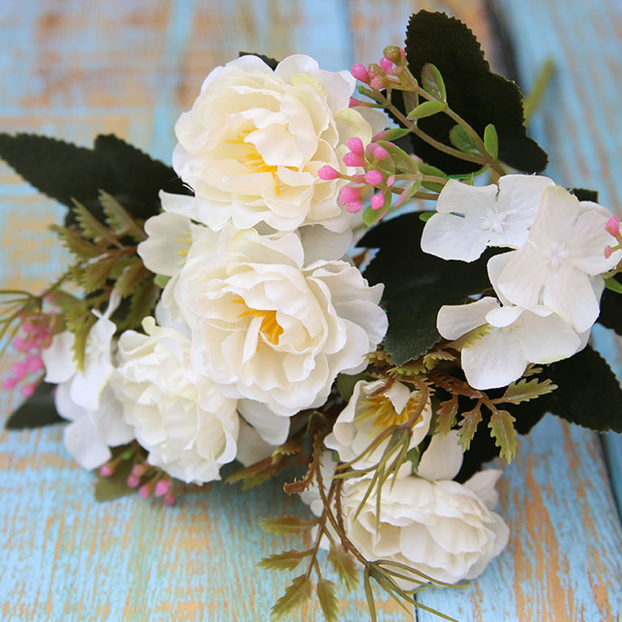 

Europe Mini Peony Silk Flowers Wedding Decorative Bouquet Roses Artificial Flowers Small Fake for Home Decoration A12340, White