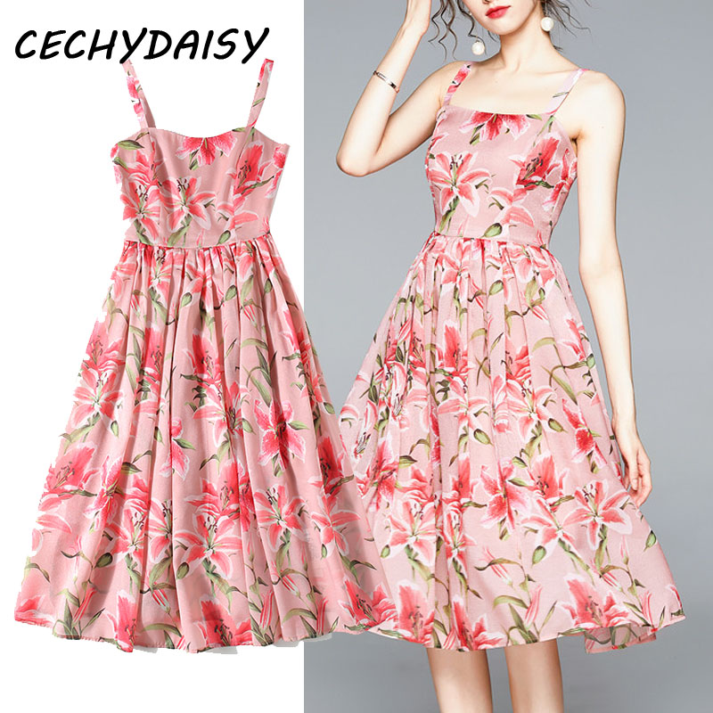 

Summer Pink Lily Floral Print Dress Women Beach Sleeveless Spaghetti Strap Elegant Sexy Female Draped Dresses robe femme Vestido