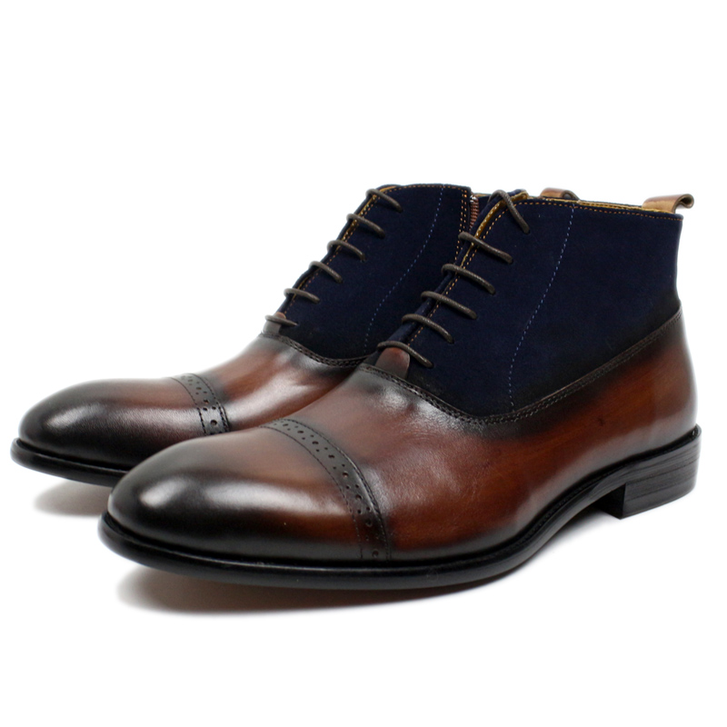 

Fashion Gentleman Ankle Boots Genuine Leather and Suede Cap Toe Lace Up Mens Dress Shoes Brown Black Basic Boots