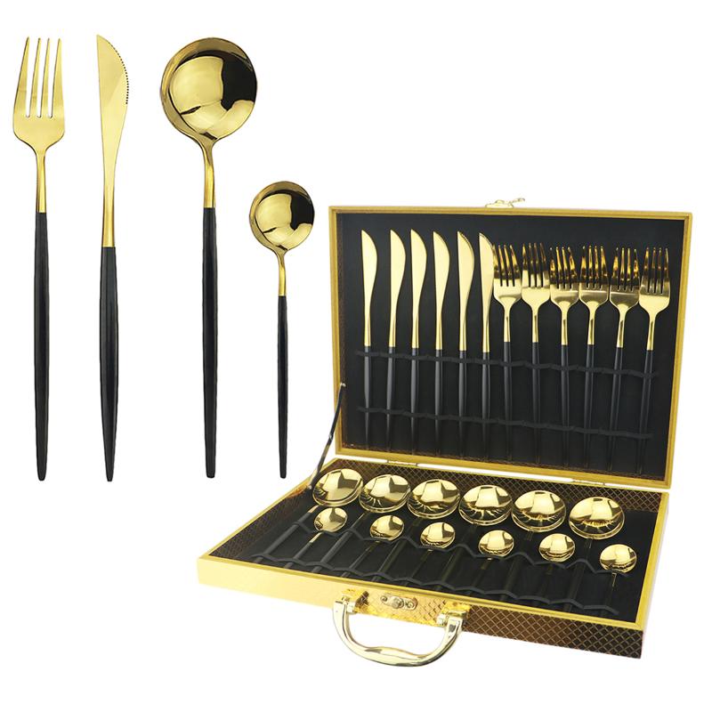 

24Pcs Black Gold Flatware Set Knife Fork Spoon Dinner Set Stainless Steel Western Cutlery Tableware Silverware With Gift Box