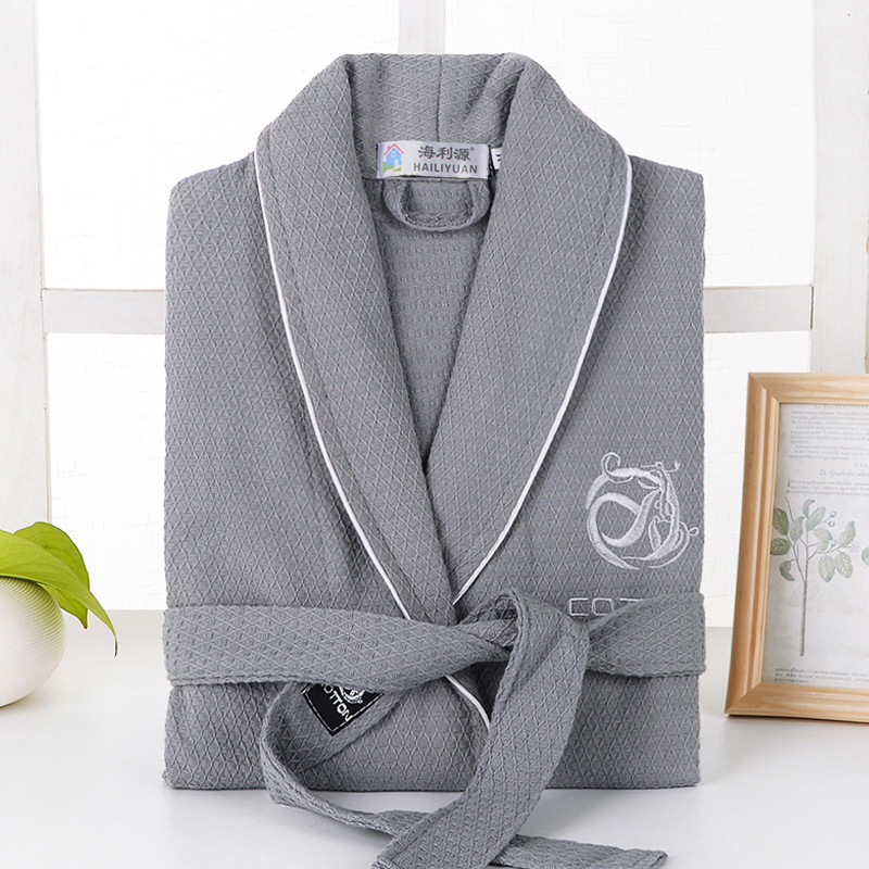 

Waffle 100% Cotton Long-sleeve Mens Bathrobes Sweat Evaporate Couples Kimono Bath Robes Hotel SPA Women Robes Dressing Gown, Blue