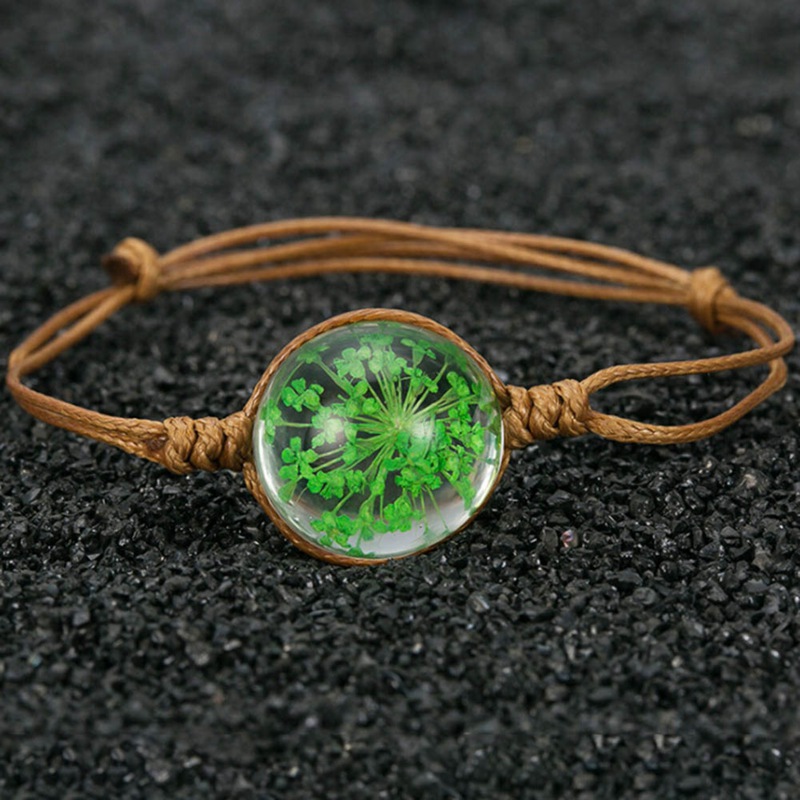 

New Hand Made Ceramic Bead Crystal Glass Dried Flower Lace Preserved Fresh Flower Ball Metal Weave Bracelet Women Jewelry
