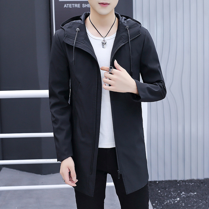 

2020 spring and autumn mid-long trench coat men's large size hooded casual jacket loose handsome jacket men's thin, Black